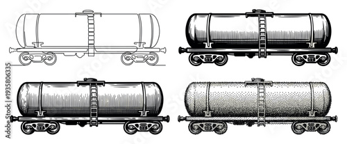 Set of four vintage railroad tank car illustrations in a black and white engraving style, showing different artistic techniques like line art, hatching, and stippling for a retro feel