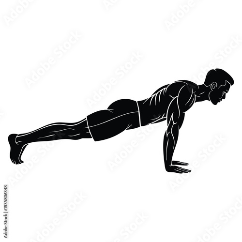 Man doing push up exercise silhouette fitness workout routine home training activity strong male body vector illustration