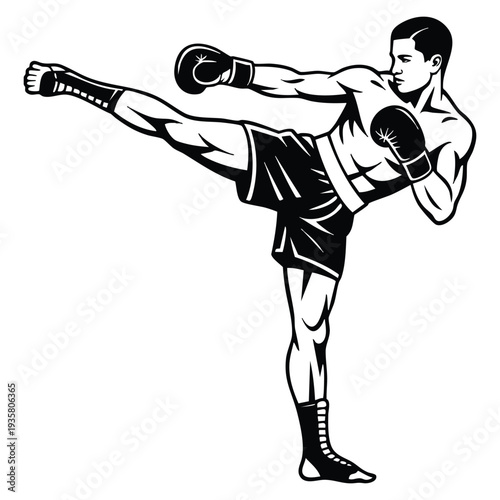 Martial arts athlete in combat sport kickboxing pose performing powerful strike with muscular body athletic build training competition action concept