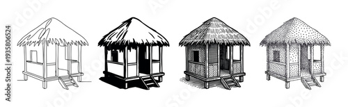 Four traditional tropical huts on stilts with thatched roofs illustrated in a set of graphic styles including line art, silhouette, engraving, and stippling