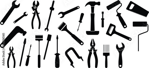 Hand tools silhouettes collection, hammer wrench screwdriver pliers paint roller saw set, construction repair DIY equipment vector illustration