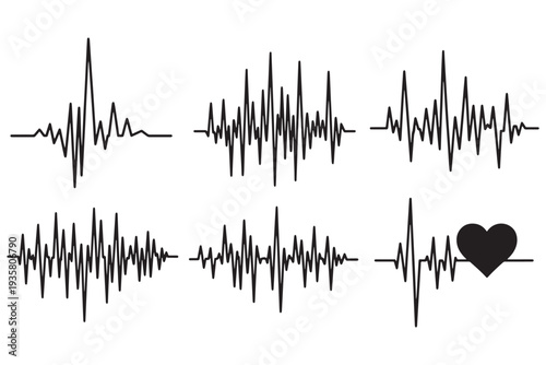 A collection of black and white ECG heartbeat waveform illustrations on a plain background