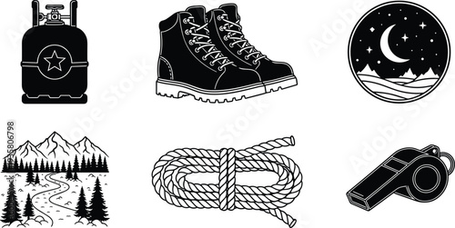 Camping and hiking equipment icon set, outdoor adventure gear including gas cylinder boots rope whistle mountain landscape night badge vector illustration