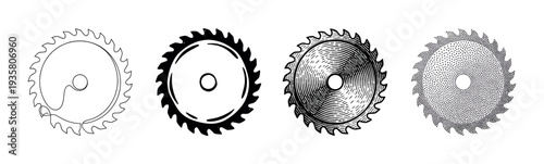 Four circular saw blades illustrated in different graphic styles, including continuous one-line drawing, solid black silhouette, detailed engraving, and stippling