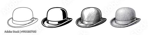 Four classic black and white bowler hats illustrated in a row showing different artistic techniques from simple outline to detailed engraving, stippling, and solid graphic style
