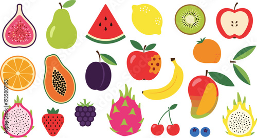 Colorful Tropical Fruit Icon Set Featuring Fig, Pear, Watermelon, Lemon, Kiwi, Apple, Orange, Papaya, Banana and Dragon Fruit for Healthy Food Design