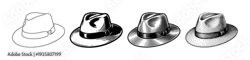 Set of four vintage fedora hats showing different illustration styles from simple line art to detailed engraving, hatching, and stippling techniques in a monochrome design