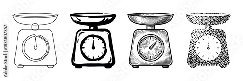 Four vintage analog kitchen scales illustrated in a collection of different artistic styles, including simple line art, bold ink drawing, detailed engraving, and stippled pointillism