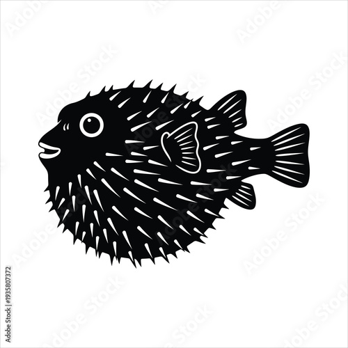 Pufferfish blowfish with sharp spines black and white vector icon