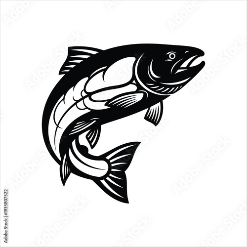 Salmon jumping out of water stylized black and white vector logo