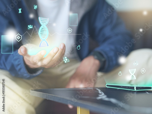 Φωτογραφία Close up hand people using future technology AI show DNA helix with icon shield, cellular health for concept anti aging, well being, bio hacking and biotechnology