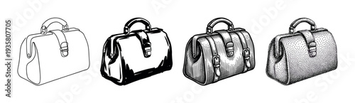 Four vintage doctor bags in various hand-drawn styles including line art, ink wash, engraving, and stippling, showing different artistic techniques for a retro look