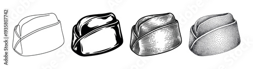 Set of four military garrison caps illustrated in various black and white graphic styles including line art, engraving, stippling, and high contrast comic book art