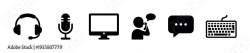Set of black communication icons for customer service, including a headset, microphone, computer, and chat symbols for online support and call center concepts