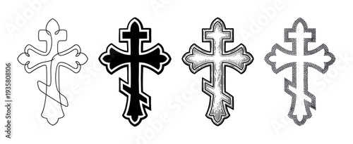 Set of four Orthodox Christian crosses presented in various artistic styles including continuous line art, solid silhouette, vintage engraving, and dotted stippling