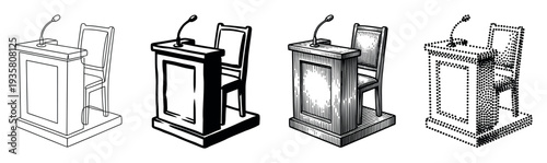 Set of four witness stand illustrations in various artistic styles including line art, engraving, and stipple, showing a podium with a microphone and chair for legal testimony