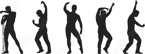male dancer silhouettes, energetic dance poses, modern dance movement figures, isolated black human silhouettes, dynamic body motion collection