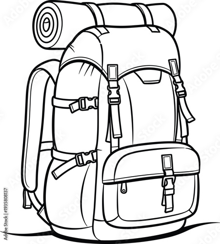 Camping backpack outline illustration, hiking travel bag with rolled sleeping mat, adventure equipment line art, outdoor trekking gear vector, black and white outline design