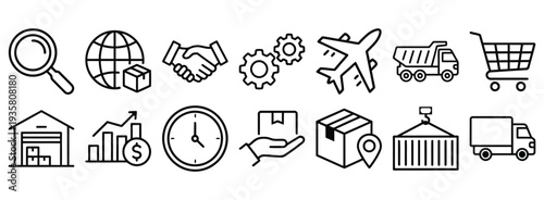 Logistics and Shipping Icons: Global delivery, transport, storage, and business concepts.