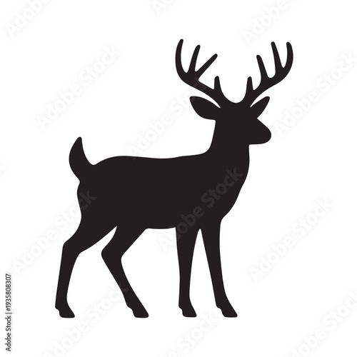 A simple black silhouette of a standing buck with large antlers