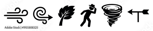 Black minimalist weather icons set showing wind, a tornado, a person struggling in a storm, a bending tree, an airflow symbol, and a weather vane for meteorological concepts