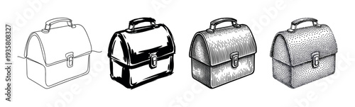 Set of four lunch box illustrations showing different artistic styles including continuous line art, ink sketch, engraving, and stippling in a black and white graphic collection