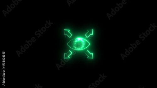 Neon eye symbol with arrows on black background surveillance vision concept glowing eye