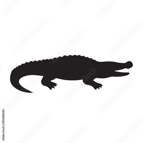 Black silhouette of a crocodile on white background