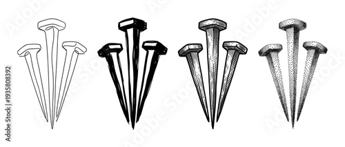 Four sets of three ancient metal nails illustrated in various hand-drawn graphic styles, including outline, solid silhouette, classic engraving, and detailed dotwork stippling