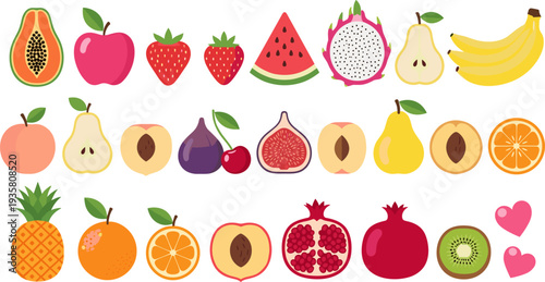 Colorful Tropical Fruit Icon Set Featuring Papaya, Apple, Strawberry, Watermelon, Dragon Fruit, Banana, Pineapple, Orange and Pomegranate for Healthy Food Design