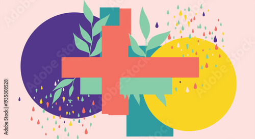 Abstract background with colorful circles, geometric shapes, and botanical elements in a vibrant, artistic composition, perfect for graphic design and digital art projects