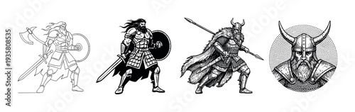 Set of four black and white Viking warrior illustrations showing bearded men in armor with weapons like axes, swords, and spears in various graphic and engraving art styles