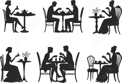 People drinking tea silhouettes collection, elegant cafe conversation scenes with couples and women, vintage tea time vector illustration