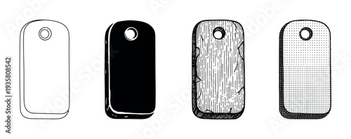 Four blank rectangular tags with rounded corners and holes in a hand-drawn illustration set showing different styles like outline, silhouette, hatched, and dotted textures