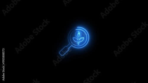 Glowing Blue Magnifying Glass with Dollar Sign Plant on Black Background for Finance and Investment Concepts