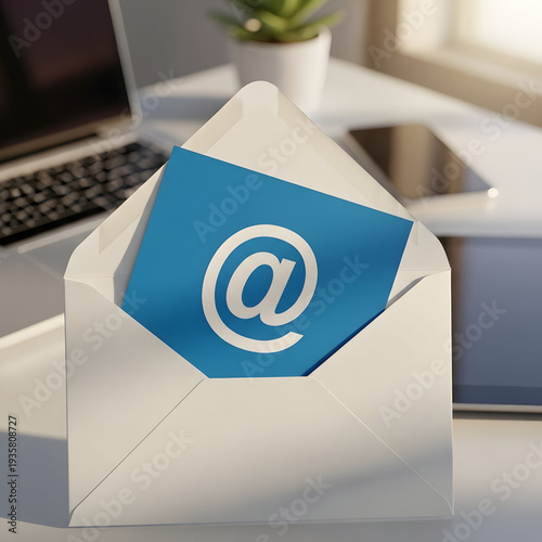 Email symbol on a blue card in an open white envelope on a modern office desk with laptop and plant