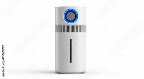 Modern White Air Purifier with Blue Accent Lighting on Clean White Background with Subtle Shadows Product Shot