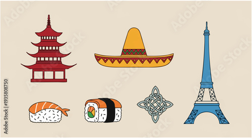 A comprehensive set of travel icons featuring famous Paris landmarks and world architecture symbols in a flat vector illustration design for city tourism and culture