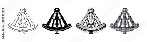 Set of four sextant navigational instruments presented in various artistic styles like simple outline, solid silhouette, detailed engraving, and a modern halftone dot pattern