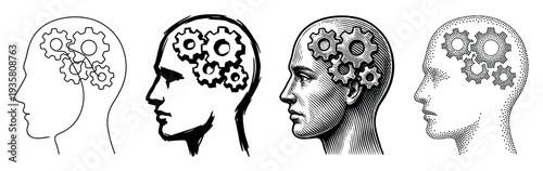 Four human head illustrations with gear mechanisms inside, showcasing various artistic styles from line art and sketch to detailed engraving and stippling to represent thinking