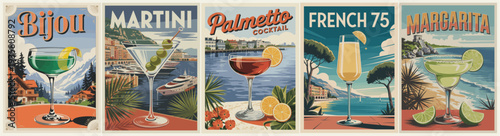 Set of five vintage style travel posters featuring iconic cocktails set against picturesque European destinations. Bijou, Martini, Palmetto Cocktail, French75, Margarita