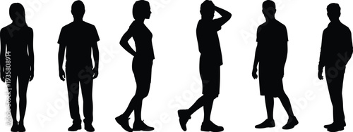 people silhouette collection, standing men and women figures, human body outline set, casual person poses vector illustration