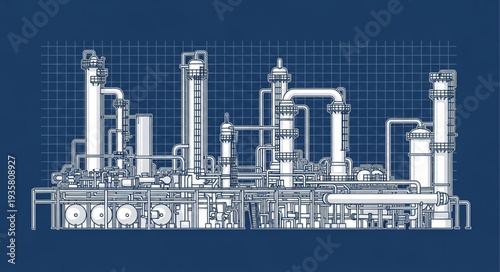 Blueprint of a complex industrial chemical plant structure.