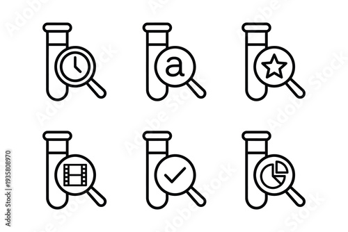 Science Lab Icon Set: Test Tubes with Magnifying Glass, Clock, Letter 'a', Star, Film Reel, Checkmark, Pie Chart