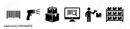 Set of black vector icons for warehouse management including a barcode, scanner, parcels, computer search, worker, and storage rack representing logistics and distribution