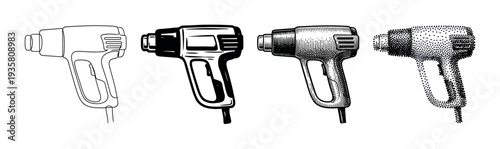 Set of four heat gun illustrations showcasing different artistic styles including line art, bold silhouette, classic engraving, and detailed stippling for various design concepts