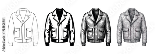 Set of four classic bomber jacket illustrations presented in different artistic styles, including simple outline, high-contrast graphic, detailed engraving, and stippling