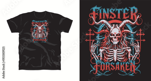 Finster forsaken skull with horns and skeleton t-shirt design, gothic horror artwork, vector illustration for apparel