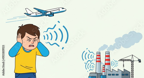 Boy covering ears from airplane and factory noise pollution.