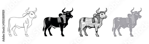 Ancient sacred bull Apis illustration set in four different graphic styles including line art, silhouette, engraving, and dotted pattern for historical or mythological concepts